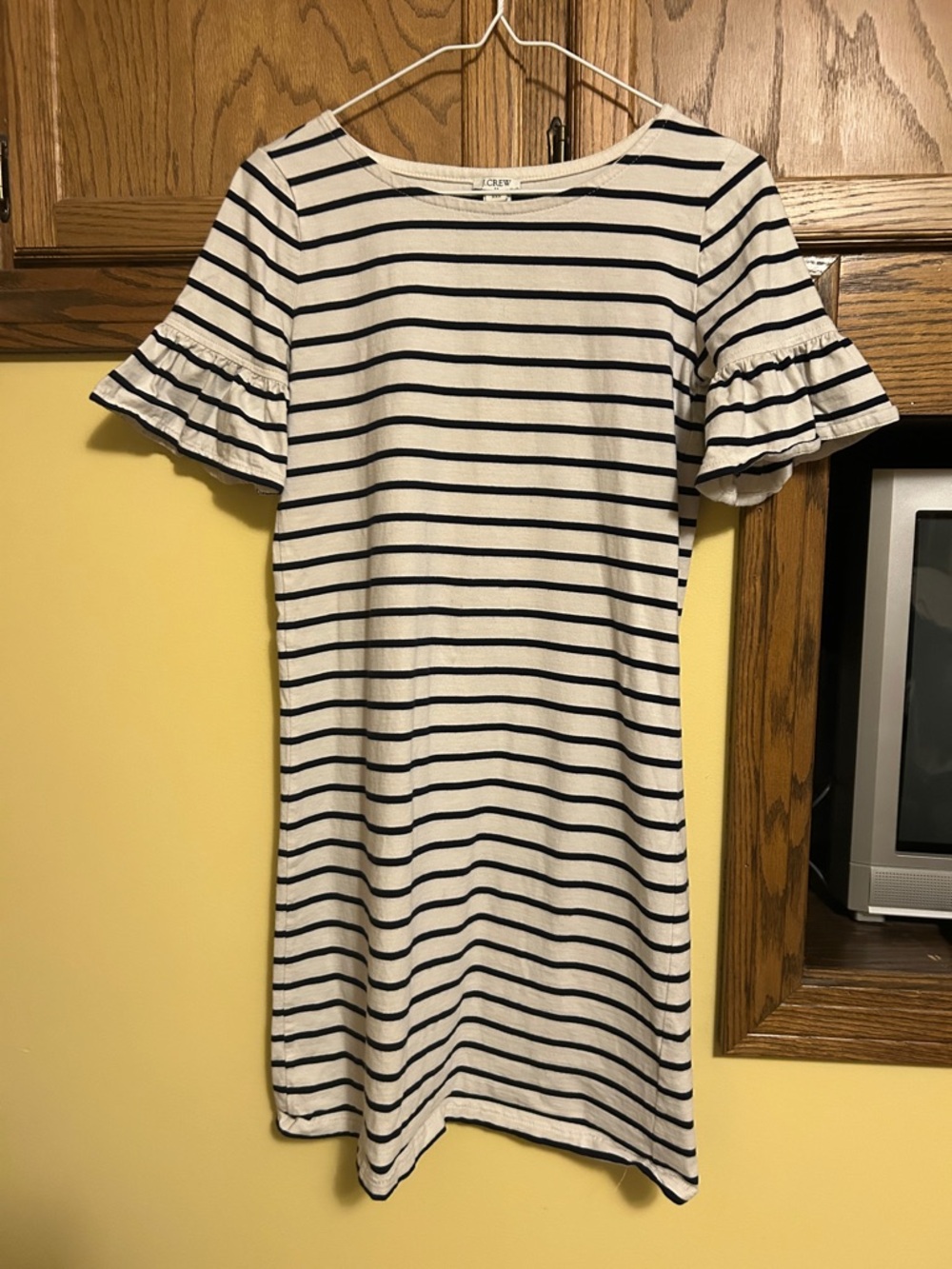 J. Crew White Dress with Navy Stripes and Ruffle Sleeves